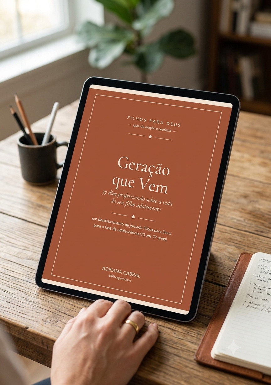 Guia Geração que Vem aberto em um tablet sobre uma mesa de madeira
